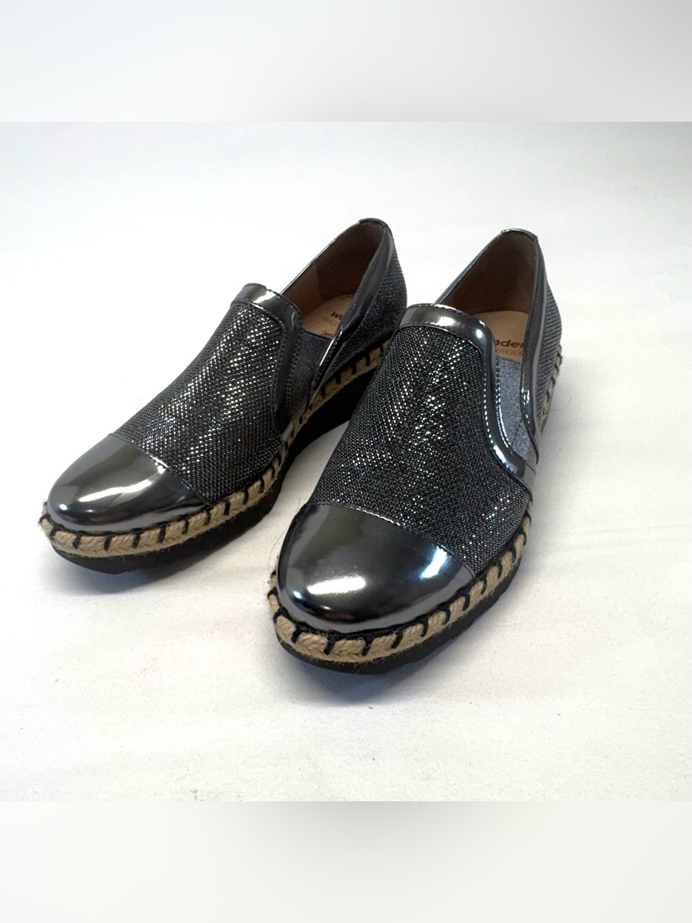Wonders Spain Metallic Gunmetal Patent Glitter SlipOn Loafers EU-39/US8.5-9 NWOB